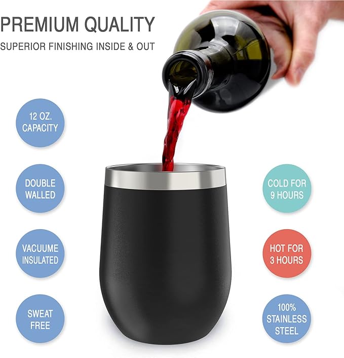 CHILLOUT LIFE 12 oz Stainless Steel Wine Tumblers 2 Pack & 1 Insulated Wine Bottle - Double Wall Vacuum Insulated Wine Glasses Cups with Lids and Straws Set Keeping Cold & Hot Gift Set
