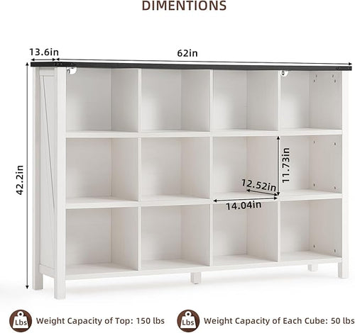 12 Cube Storage Organizer, Farmhouse 62 Inch Warm White Display Bookshelf, Wooden 3 Tier Large Open Book Shelf, Modern Bookcase for Home Office, Rustic Cubby Cabinet for Living Room, Bedroom