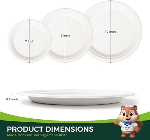 100% Compostable 7 inch Paper Plates, [125-Pack] Disposable Dessert Plates, (BPI Certified)-Heavy Duty, Eco-Friendly Small Paper Plates, Biodegradable Sugarcane Plates, white