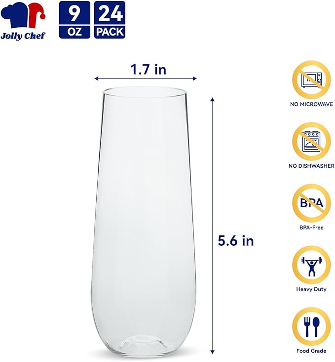 JOLLY CHEF 24 Pack Stemless Plastic Champagne Flutes 9 oz, Crystal Clear Stemless Plastic Toasting Glasses, Clear Disposable Unbreakable Drinkware Ideal for Wedding, Birthday, Party, Christmas