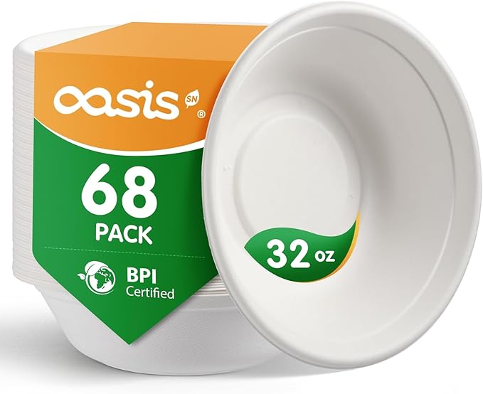 𝟯𝟮 𝗼𝘇, 𝟲𝟴-𝗣𝗮𝗰𝗸 Compostable Paper Bowls, Heavy-Duty Biodegradable Disposable Bowls Made from Bagasse, Eco-Friendly, Microwave & Freezer Safe (White)