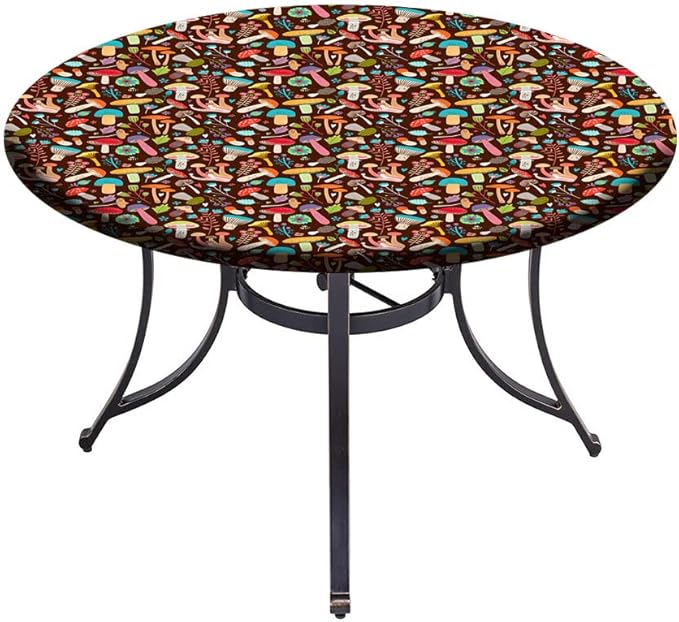 Polyester Tablecloth, Mushrooms Waterproof Oil-Proof PVC Table Cloth, Attractive Various Cartoon Leaves and Mushrooms Graphic, Fit Round Tables 39inch Diameter, for Dinner Kitchen Party Decoration