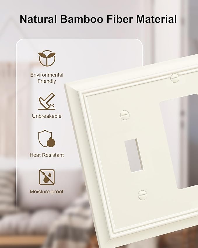 2-Pack Combo Toggle/Decorator Light Switch Cover Plate, Light Almond Decorative Electrical Outlet Covers, Durable Natural Bamboo Fiber Switch Plates and Outlet Covers, Corrosion Resistant