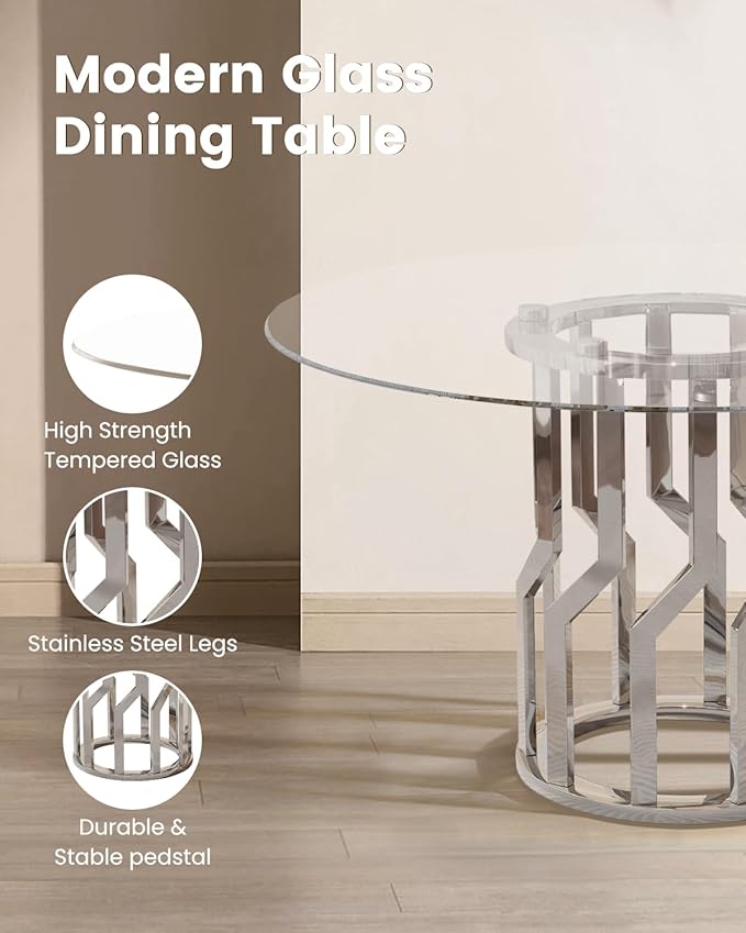 47.2" Round Glass Dining Table Set for 4, Modern 5 Piece Kitchen Table Set with Silver Stainless Steel Base & 4 PU Leather Accent Chairs, Saving Space, Dining Set for Apartment, Home - Grey Chair
