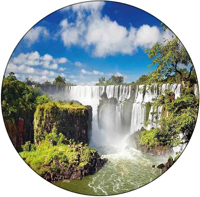 Round Vinyl Fitted Tablecloth, Landscape Print Polyester Table Cloth, Majestic Waterfall River Argentinean Falls Natural, Fit Round Tables 48inch Diameter, for Wedding Party Dining Banquet Use