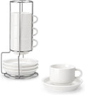MALACASA 4 OZ Porcelain Espresso Cups with Saucers and Metal Stand Set of 4, Stackable Cappuccino Cups, White Expresso Shots Cup Set for Coffee Drinks, Latte, Tea