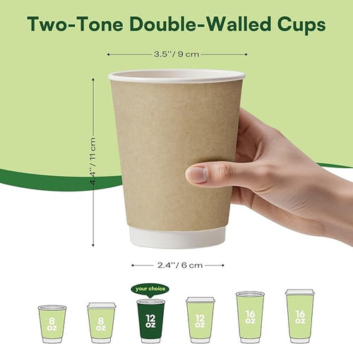 12 oz Hot Cups Compostable Coffee Cups -120 Pack Double Wall Paper Cups, BPI Certified PLA Coated Compostable Cups, Natural Kraft To-go Disposable Coffee Cups for Office Coffee Bar To Go Travel