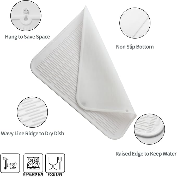 Silicone Dish Drying Mat for Multiple Usage,Easy clean,Eco-friendly,Heat-resistant Silicone Mat for Kitchen Counter or Sink,Refrigerator or Drawer Liner White 2XL 24 inches x 18 inches