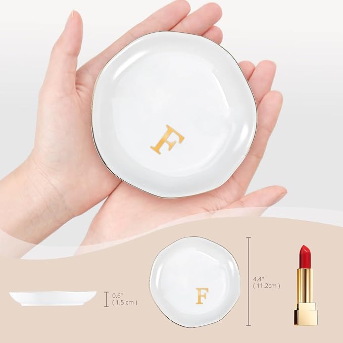 ProCase Ceramic Jewelry Tray, Initial Ring Dish Trinket Plate Engagement Gift, Small Personalized Monogram Ring Bowl for Wedding, White Decorative Jewelry Holder for Women Vanity -Letter F