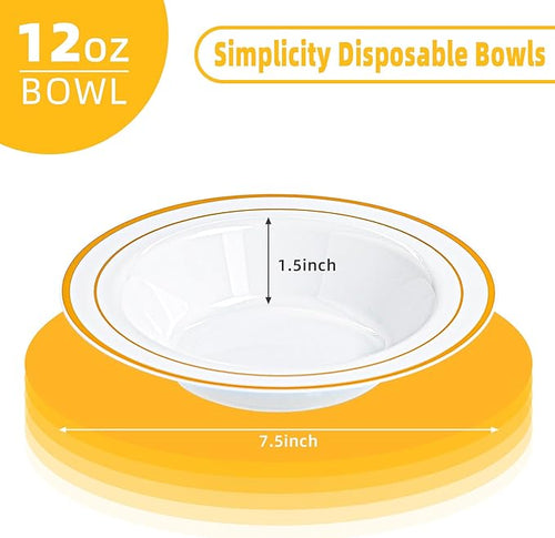 100 PCS Plastic Bowls with Gold Rim, 12oz Premium Heavy Duty Soup Bowls, Dessert and Salad Bowls for Party, Wedding and Holiday