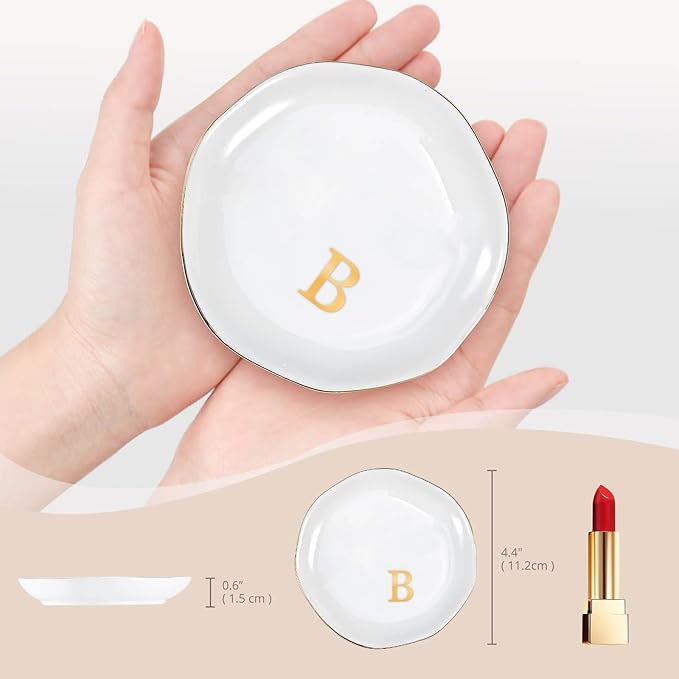 ProCase Ceramic Jewelry Tray, Initial Ring Dish Trinket Plate Engagement Gift, Small Personalized Monogram Ring Bowl for Wedding, White Decorative Jewelry Holder for Women Vanity -Letter B