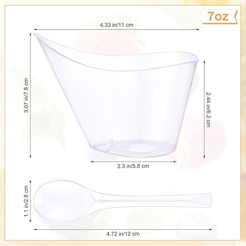 100 Pack Clear Plastic Dessert Cups with Tasting Spoons, Appetizer Cups Yogurt Parfait Bowls with Spoons for Party Supplies Catering Chocolate Desserts Buffet Food Display (7 oz)