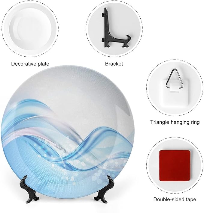Ceramic Display Plate, Abstract Ceramic Hanging Decorative Plate, Modern Wavy Ocean Surfer Summertime Themed, 6 Inch, Household Custom Ceramic Plate, Pale Blue and White