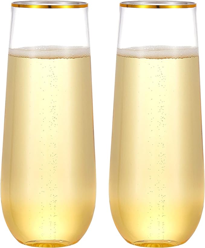 N9R 24PCS Plastic Champagne Flutes, 9 Oz Stemless Disposable Gold Rim Toasting Glasses, Crystal Clear Cocktail Cups Drinkware Shatterproof Ideal for Party Wedding Birthday