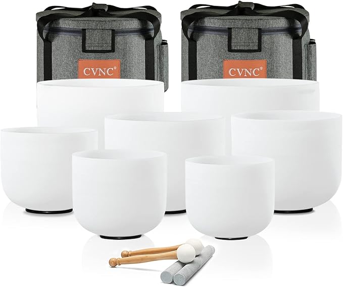 CVNC 432HZ 6-12 Inch Set Of 7 PCS Frosted Chakra Quartz Crystal Singing Bowls for Sound Healing with 2 PCS Travel Carry Case Bag