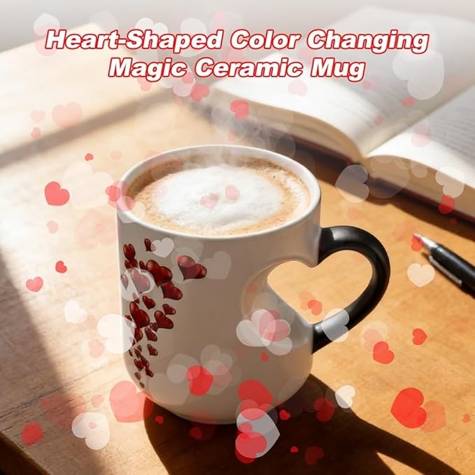 Heart-Shaped Color Changing Magic Ceramic Mug, Funny Heat Sensitive Coffee Cup Reveals Surprise Design with Hot Drinks for Valentine's Day & Anniversaries (1pcs)