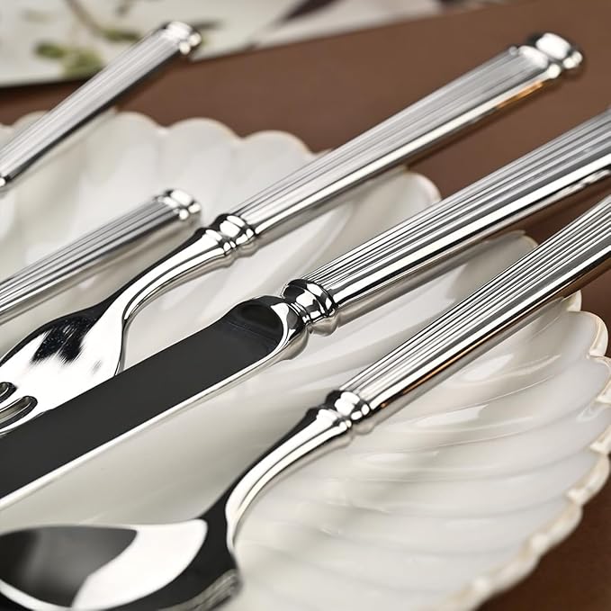 Gold Silverware Set for 12 Flatware Set 48 Pieces Luxury Tableware Set Roman Column Handle Knives and Forks spoons 18/10 Stainless Steel Cutlery Utensil Sets for Home Restaurant Dishwasher Safe