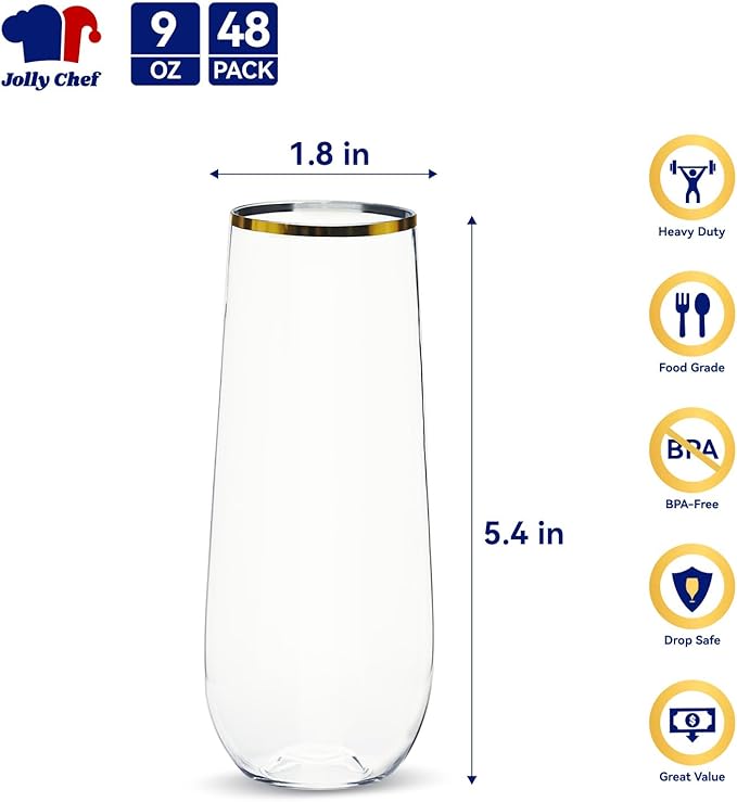 JOLLY CHEF 48 Pack Plastic Champagne Flutes, 9 oz Gold Stemless Champagne Flutes, Plastic Champagne Glasses, Shatterproof Recyclable Mimosa Glasses for Party, Wedding, Christmas, Birthday