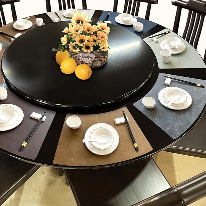 Leather Round Table Washable Placemats, Black Thick Faux Leather Heat Resistant Wedge Table Placemat, Waterproof Non-Slip Easy to Clean Place mat for Kitchen Coffee Dining Room Table Set of 6