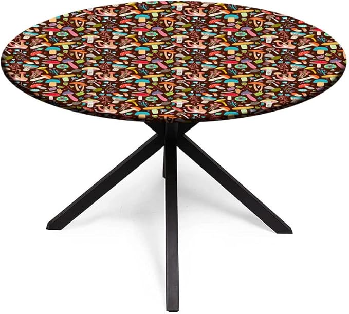 Round Tablecloth, Mushrooms Tablecloth for Side Table, Attractive Various Cartoon Leaves and Mushrooms Graphic, Fit Round Tables 44inch Diameter, for Dining Room/Party/Banquet Decoration, Brown
