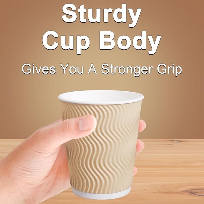 Hot Paper Cups_12 oz Disposable Insulated Corrugated Sleeve Ripple Wall Paper Cup 100 pcs,12oz Cups for Drink，Hot Coffee Cups (Brown)