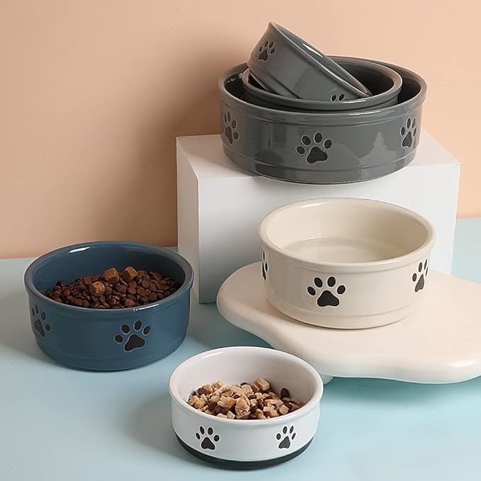 Sweejar Ceramic Dog Bowls with Paw Pattern, Dog Food Dish for Large Dogs, Porcelain Pet Bowl for Water 70 Fl Oz (Fog Blue)