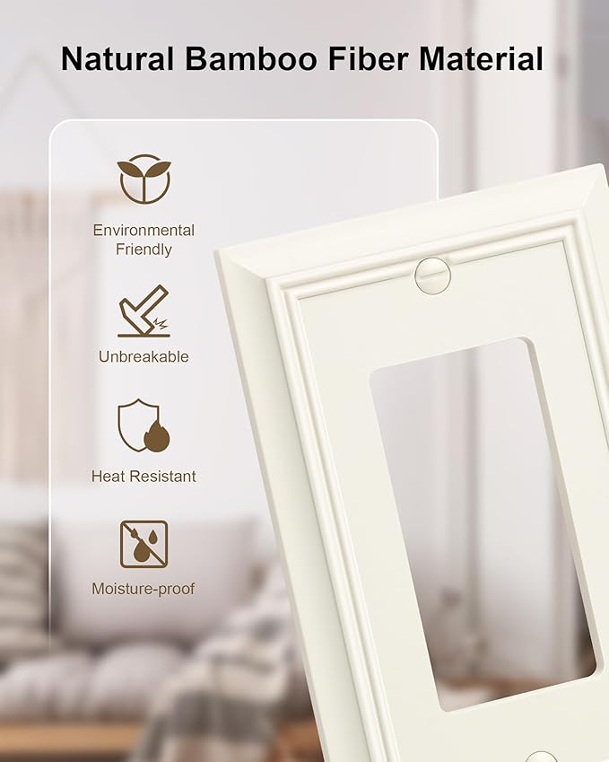 2-Pack Decorator Wall Plate Cover, Light Almond Decorative Switch Plates and Outlet Covers, Durable Natural Bamboo Fiber Wall Plates for Electrical Outlets, Receptacle, GFCI Outlet, Dimmer Switch