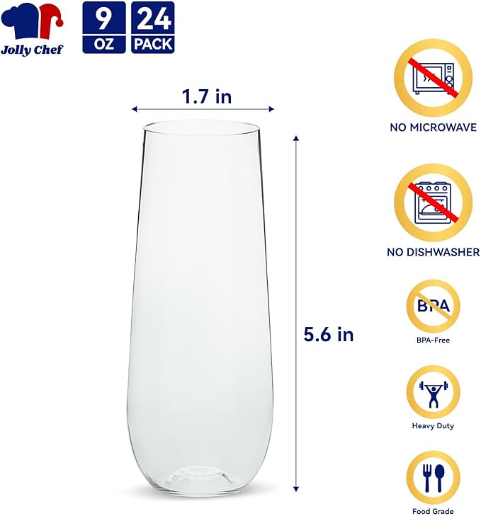 JOLLY CHEF 24 Pack Stemless Plastic Champagne Flutes Disposable 9 Oz Gold Rim Clear Plastic Toasting Glasses Shatterproof Recyclable for Party, Wedding, Birthday, Christmas