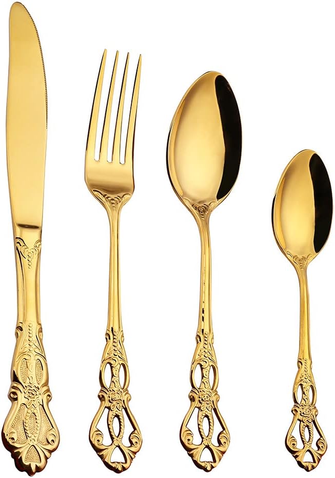 Gold Silverware Set for 6 Stainless Steel Flatware Set Palace Style Hollow Relief Decoration 24 Piece Cutlery Utensils Include Knives Forks and Spoons Tableware Set for Home Kitchen Restaurant Party