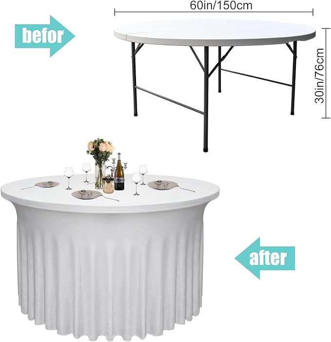 6-Pack 60" Diameter x 30" Height White Round Table Skirts for 5FT Tables | Wrinkle & Stain Resistant Polyester Spandex Tablecloths with Elastic Fit | Ideal for Weddings, Parties, Banquets, Dining