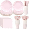 Light Pink Scalloped Paper Plates Shell Edge Disposable Tableware Cocktail Napkins Cups Plastic Spoons Forks Knives for Wedding Baby Shower Picnic Birthday Party Supply for 50 Guests