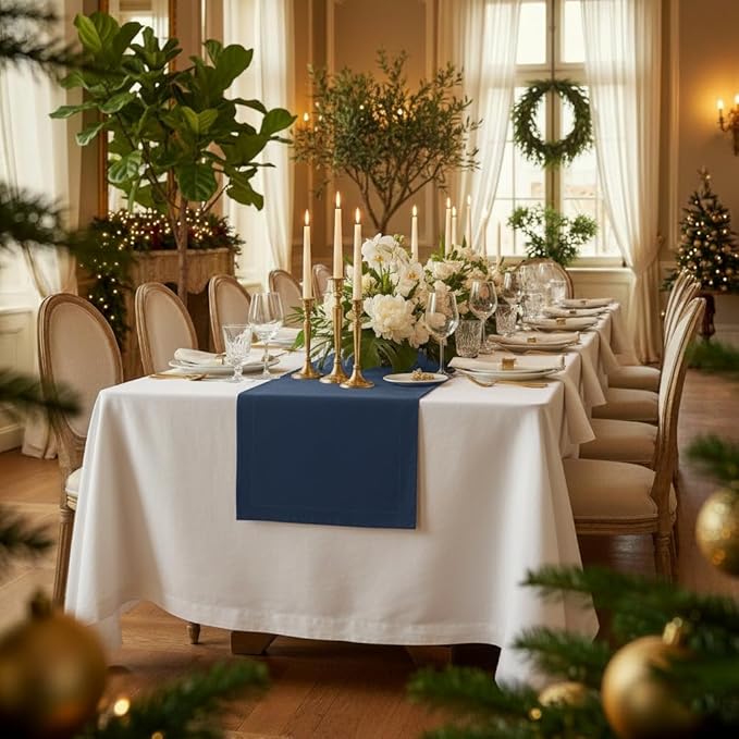 D'Moksha Homes Linen Navy Blue Table Runner 90 Inches Long - 100% Pure Linen 14 x 90 Inch Table Runner for Dining, Easter - Machine Washable