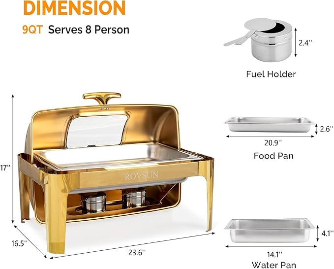 ROVSUN 9QT Chafing Dishes for Buffet 2 Pack, Roll Top Chafing Dish Buffet Set, Stainless Steel Buffet Warmer Chafers and Buffet Warmers Sets with Glass Window for Catering Parties Weddings, Gold