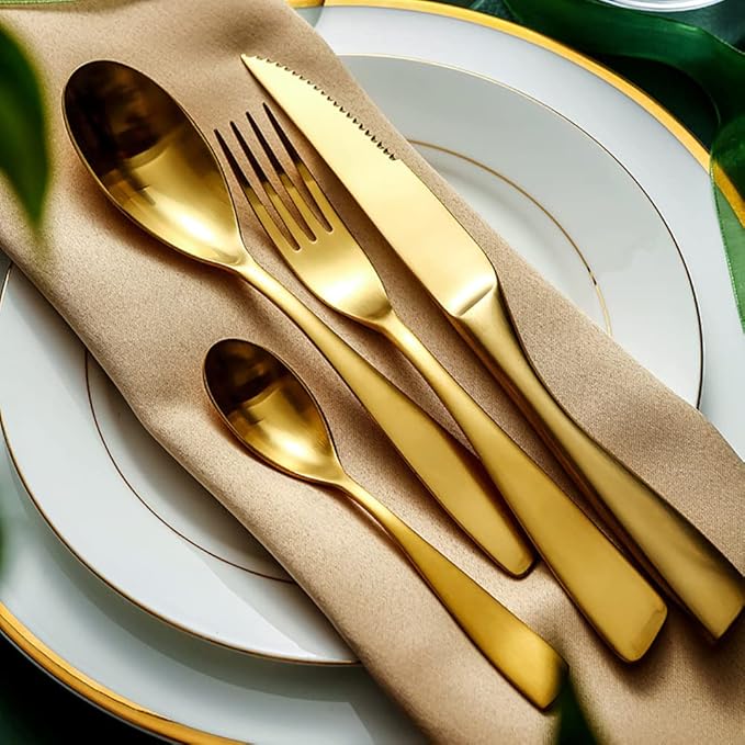 48 Piece Gold Silverware Set for 12,Modern Unique 18/10 Stainless Steel Flatware Cutlery Set, Eating Tableware Set,Vintage Luxury Style Cutlery Set for Home Restaurant Wedding Party