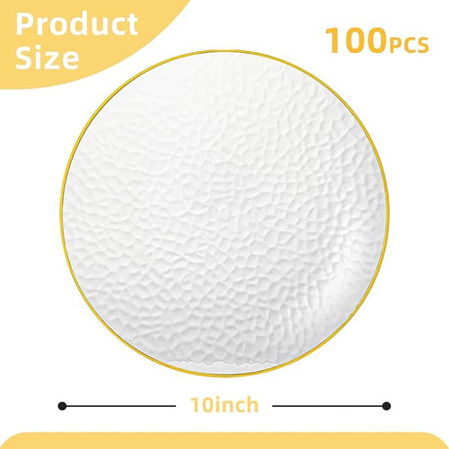 100PCS Clear and Gold Plastic Plates, 10 Inch Disposable Dinner Plates with Gold Rim, Heavy Duty Stone Texture Plastic Plates for Party and Weddings