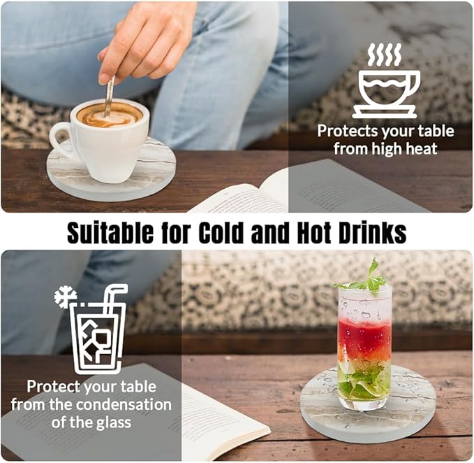 Ceramic Coasters Set of 6, Marble-Textured Design with Holder - Absorbent Cork-Backed Coasters for Cups, Bar & Coffee Table Decor Accessories (Khaki Marble, 6 Pack)