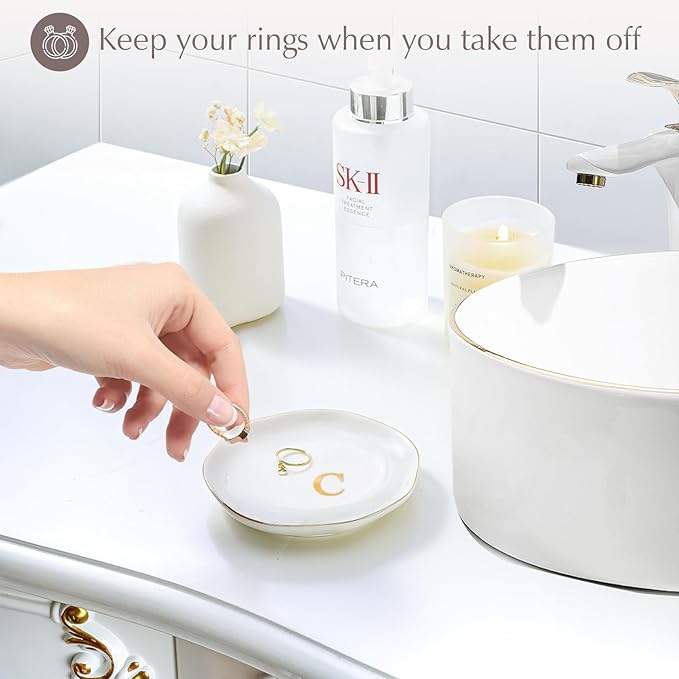 ProCase Ceramic Jewelry Tray, Initial Ring Dish Trinket Plate Engagement Gift, Small Personalized Monogram Ring Bowl for Wedding, White Decorative Jewelry Holder for Women Vanity -Letter C