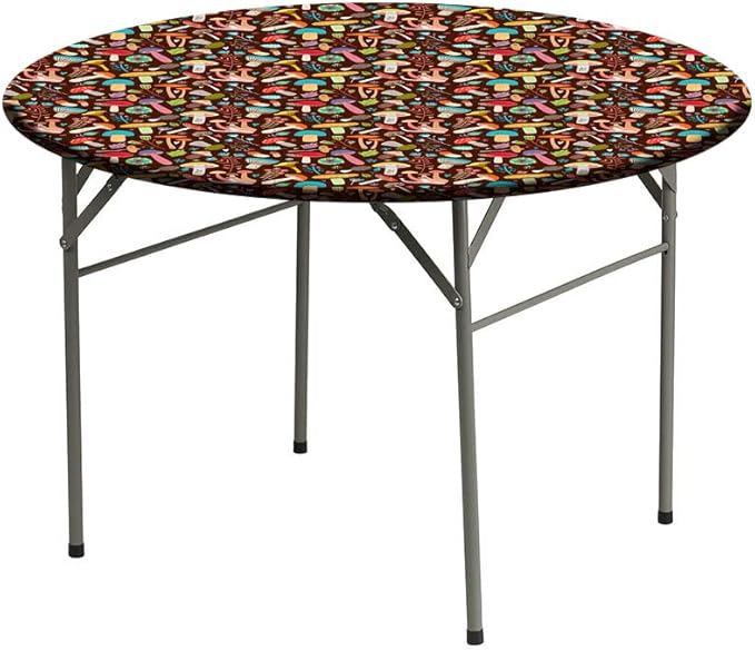 Elastic Tablecloth, Mushrooms Decorative Fabric Table Cover for, Attractive Various Cartoon Leaves and Mushrooms Graphic, Fit Round Tables 35inch Diameter, for Outdoor Indoor Use, Brown