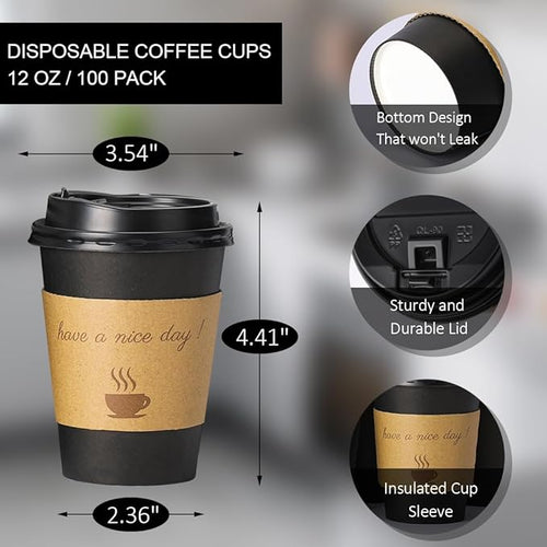 100 pack 12 oz Thickened Coffee Cups with Lids, Scald Resistant Hot Cups with Sleeve and Straw, To Go Coffee Cups for Home, Office, Cafes and Party (Black 12oz)