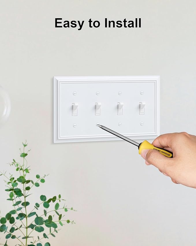 2-Pack Quad Toggle Light Switch Cover Plate, Pure White Decorative Switch Plate Covers, Natural Bamboo Fiber 4 Gang Wall Plate for Toggle Light Switch and Rotary Dimmer Switch