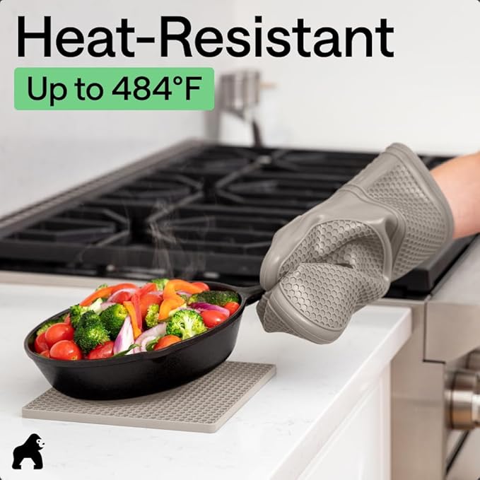 GORILLA GRIP BPA-Free Soft Silicone Oven Mitts and Pot Holders Sets of 4, Heat Resistant Waterproof Cooking Gloves, Thick Cotton Lining, Flexible Gripping for Baking Grilling, Kitchen Trivets, Almond