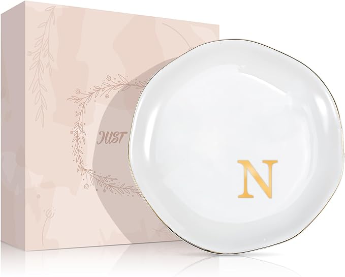 ProCase Ceramic Jewelry Tray, Initial Ring Dish Trinket Plate Engagement Gift, Small Personalized Monogram Ring Bowl for Wedding, White Decorative Jewelry Holder for Women Vanity -Letter N