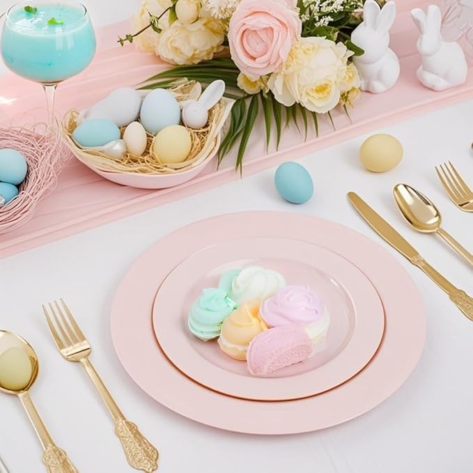 FLOWERCAT 100PCS Pink Plastic Plates - Heavy Duty Pink Party set Disposable serve for 50 guests -10 inch Dinner + 7 inch Dessert/Salad Plates for Easter,Birthday Party,Mother's Day