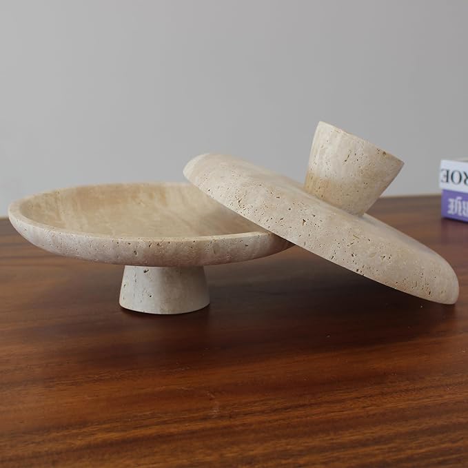 Natural Travertine Fruit Bowl for Kitchen Counter 10.2", Large Decorative Bowl Pedestal for Home Decor, Fruits Holder For Dining Table - Kitchen Organization