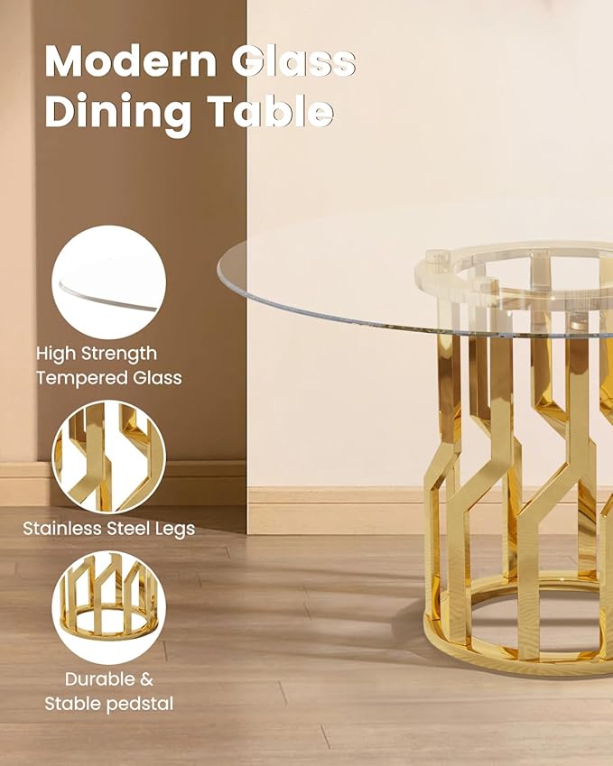 47.2" Round Glass Dining Table Set for 6, Modern 7 Piece Kitchen Table Set with Gold Stainless Steel Base & 6 PU Leather Accent Chairs, Saving Space, Dining Set for Apartment, Home - Grey Chair