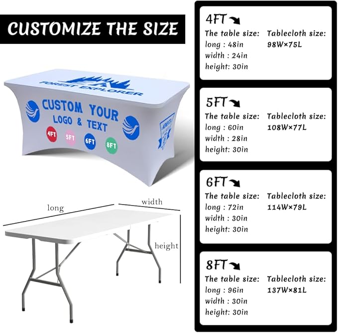 Personalized Table Cloth with Logo Image Customized Tablecloth 4FT/5FT/6FT/8FT Spandex Customized Table Cover Promotional Business Tradeshow Events Birthday Party Wedding (8FT Spandex(Closed back))