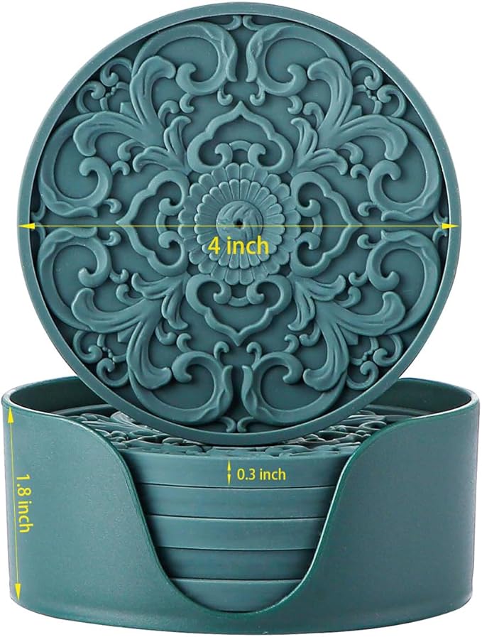 Colinda Silicone Coasters - Set of 6 with Holder, Non-Slip Cup Mats for Hot and Cold Drinks, Decorative Designs, Gift Ready Packaging,Malachite Green