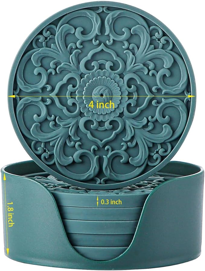 Colinda Silicone Coasters - Set of 6 with Holder, Non-Slip Cup Mats for Hot and Cold Drinks, Decorative Designs, Gift Ready Packaging, Navy Blue