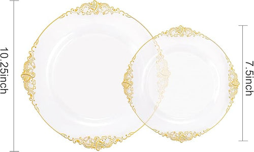 102PCS Clear Gold Plastic Plates - Clear Disposable Plates with Gold Rim - Clear Party Plate Include 51PCS Dessert Plates, 51PCS Dinner Plate for Weddings & Parties