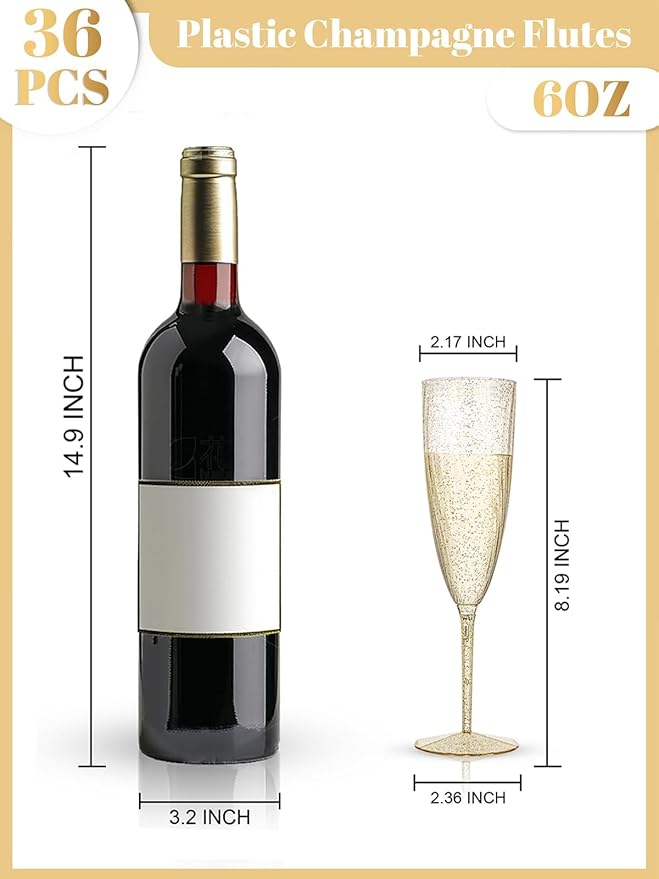 WDF 36-Pack Plastic Champagne Flutes - Gold Glitter Champagne Glasses Disposable - Perfect for Wedding Birthday Bridal Shower Valentine's Day
